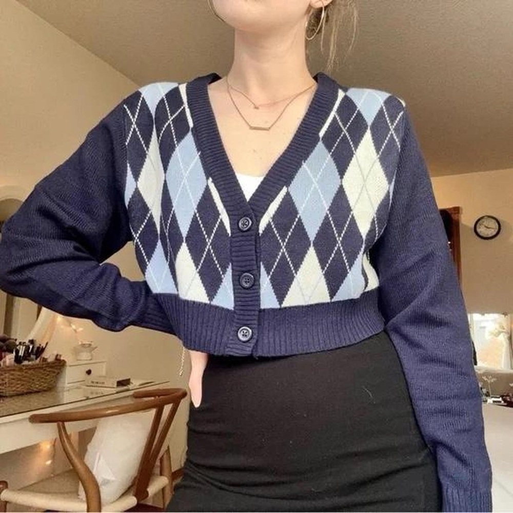 H&M Dark Blue and Light Blue Argyle Cardigan